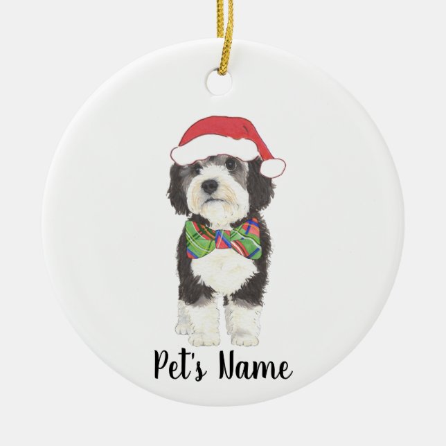 Personlig Bernedoodle Santa Hat & Bowtie Julgransprydnad Keramik (Framsidan)