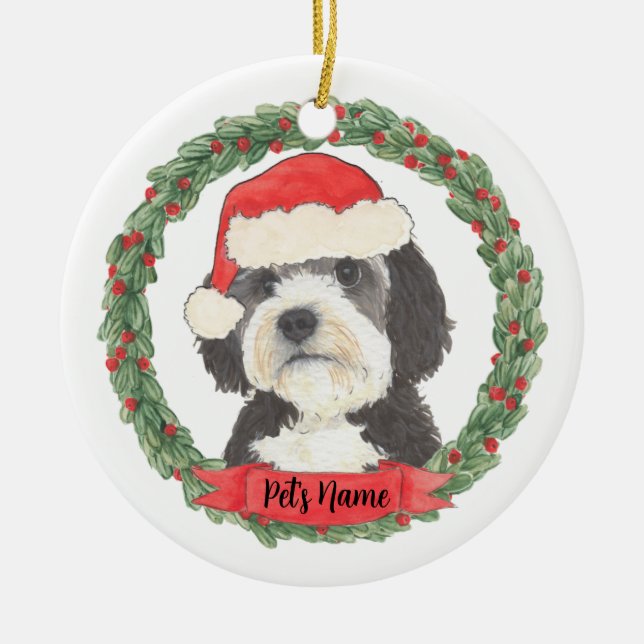 Personlig Bernedoodle Santa Hat-jul Julgransprydnad Keramik (Framsidan)
