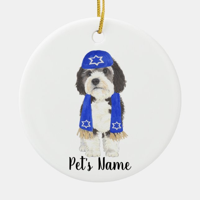 Personlig Bernedoodle Yarmulke Hanukkah Blue Julgransprydnad Keramik (Framsidan)
