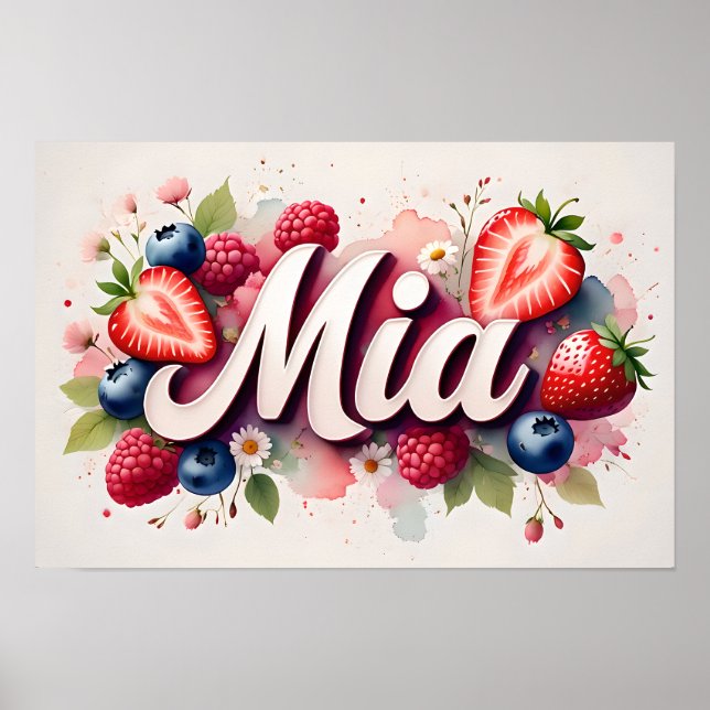 Personlig Berry Blommigt Namn Poster "Mia" (Framsidan)