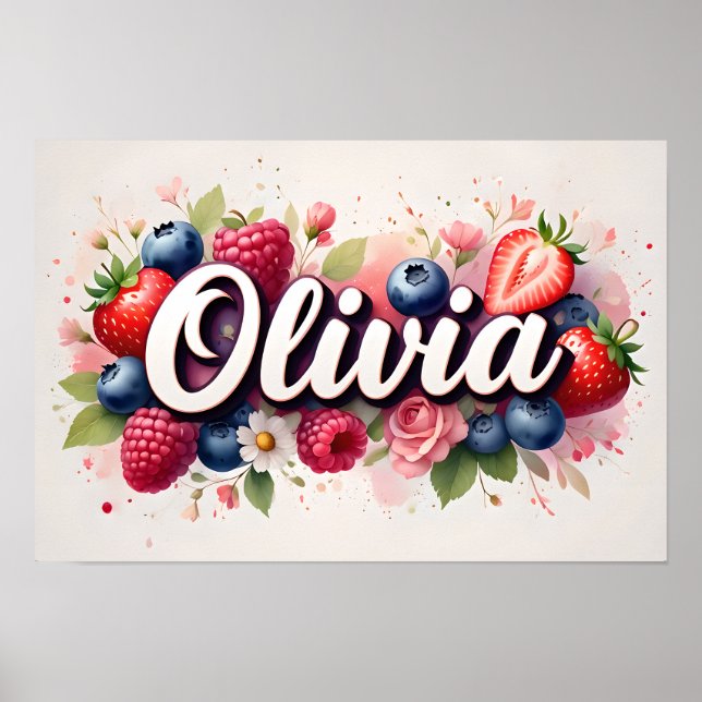 Personlig Berry Blommigt Namn Poster "Olivia" (Framsidan)