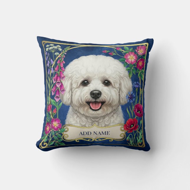 Personlig Bichon Frise Blå Blommig Kudd Kudde (Framsida)
