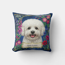 Personlig Bichon Frise Blå Blommig Kudde