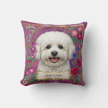 Personlig Bichon Frise Rosa Blommig Kudd