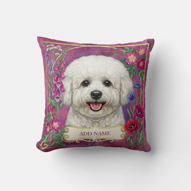 Personlig Bichon Frise Rosa Blommig Kudde (Framsida)