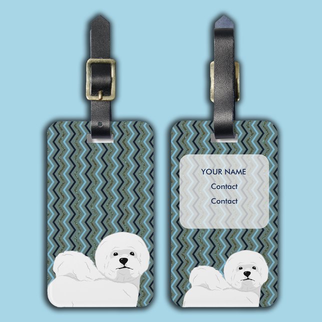 Personlig Bichon Frise - Sälgblå Marinblå Sicksack Bagagebricka (Bichon Frise Personalized Luggage Tag)