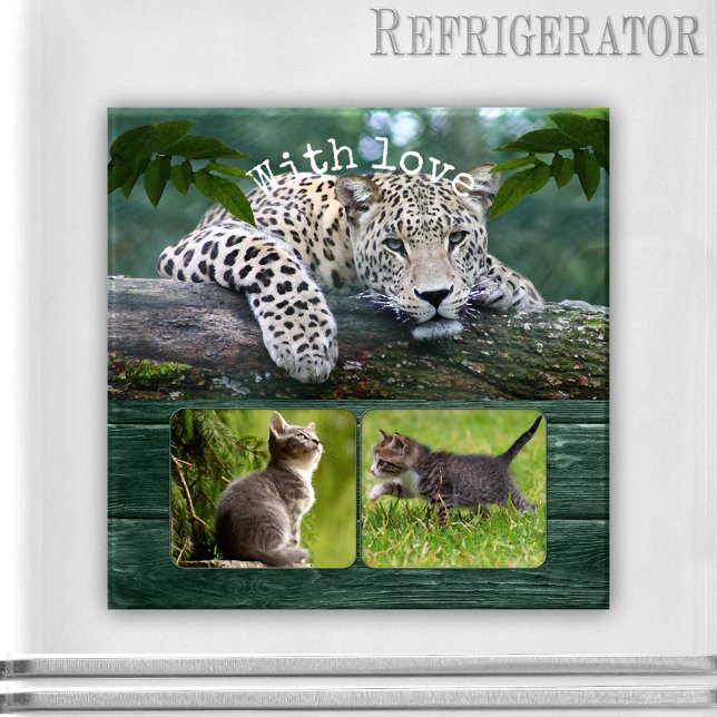 Personlig Big Cat Your Animal Photos Magnet (Photo magnet featuring a lovely big cat resting on a tree branch overlooking your personal photos)