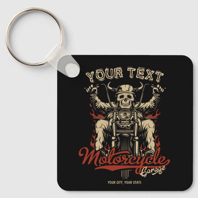 Personlig Biker Skeleton Motorcle Shop Garage Nyckelring (Framsida)