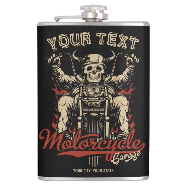 Personlig Bikerskelett Motorcykel Butik Garage Fickplunta (Framsidan)