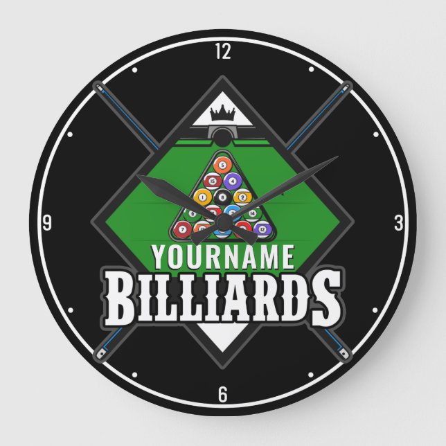 Personlig Billiards NAMN Cue Rack Bassäng Room Stor Klocka (Framsida)