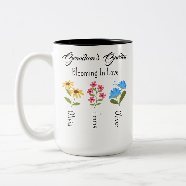 Personlig Birth Flower Gift, farmors Garden Två-Tonad Mugg (Vänster)