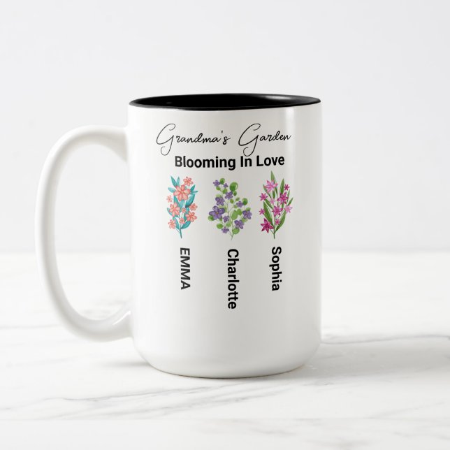 Personlig Birth Flower Gift, farmors Garden Två-Tonad Mugg (Vänster)