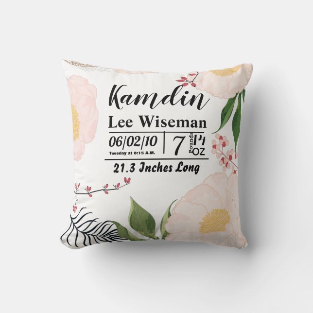 Personlig Birth Pillow White Blommigt Flowers på Kudde (Framsida)