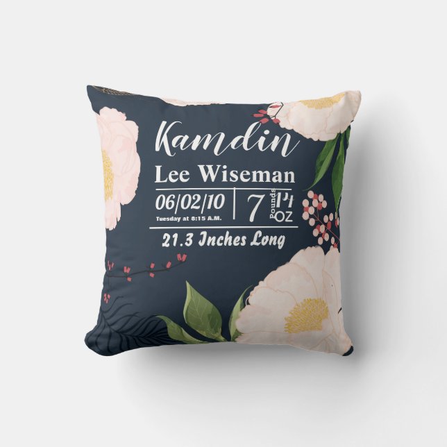 Personlig Birth Pillow White Blommigt Flowers på Kudde (Framsida)