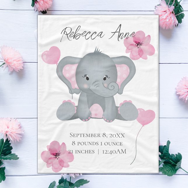 Personlig Birth Stats Baby Elephant Rosa Grått Fleecefilt (Skapare uppladdad)