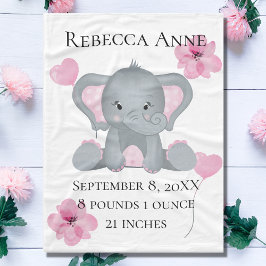 Personlig Birth Stats Baby Elephant Rosa Grått Fleecefilt