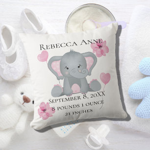 Personlig Birth Stats Baby Elephant Rosa Grått Kudde