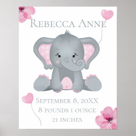 Personlig Birth Stats Baby Elephant Rosa Grått Poster