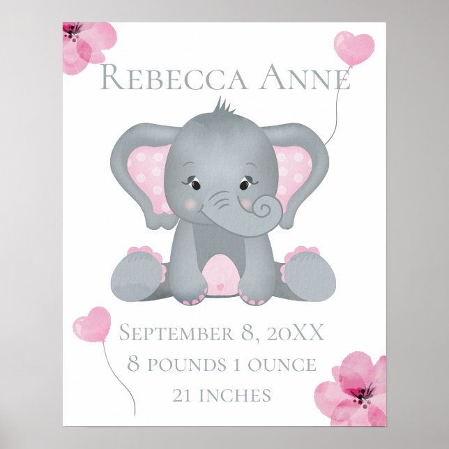 Personlig Birth Stats Baby Elephant Rosa Grått Poster (Framsidan)
