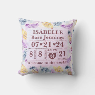 Personlig Birth Stats Boho Feathers Kudde