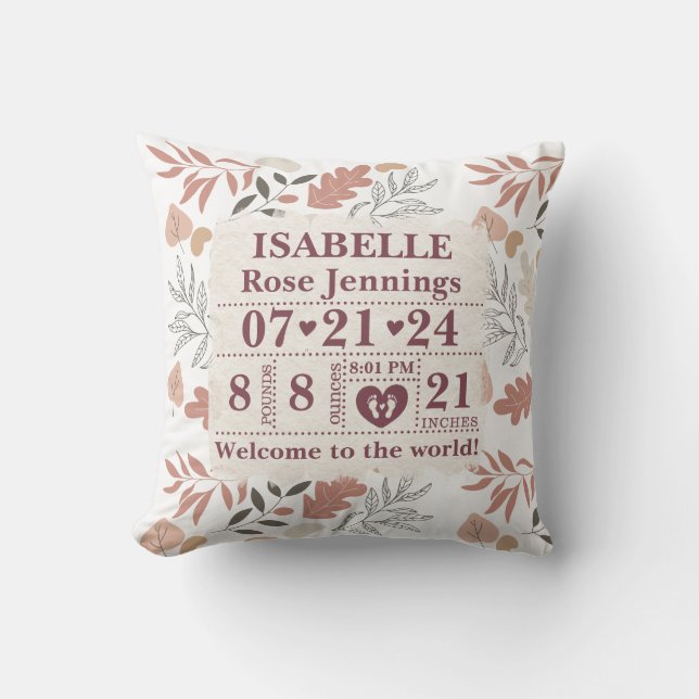 Personlig Birth Stats Boho Löv Kudde (Framsida)
