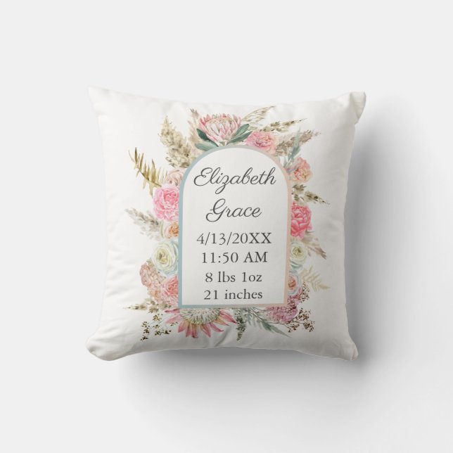 Personlig Birth Stats Rosa Blommigt Boho Baby Kudde (Framsida)