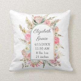 Personlig Birth Stats Rosa Blommigt Boho Baby Kudde
