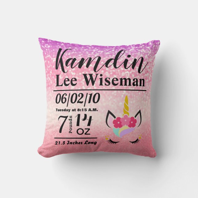 Personlig Birth Unicorn Ombre Glitter Pillow Kudde (Framsida)
