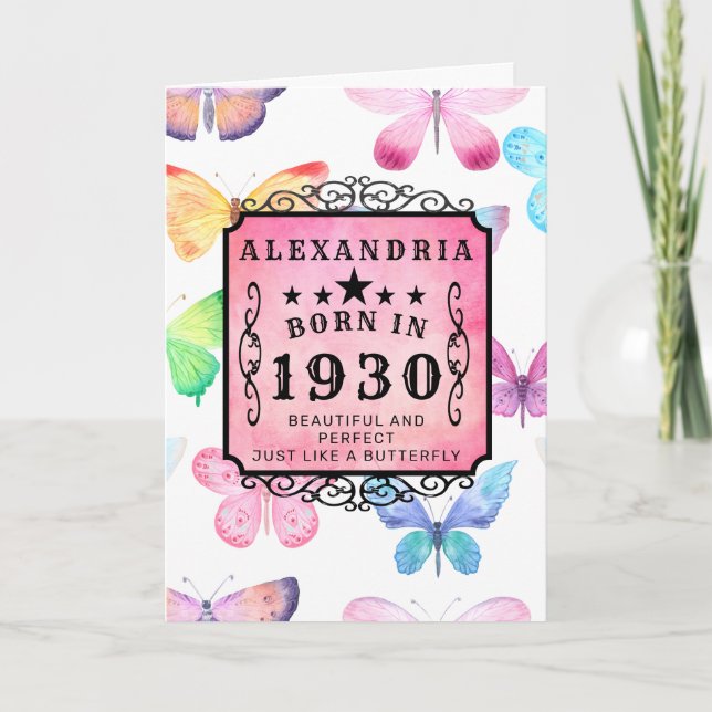 Personlig Birthday 1930 Watercolor Butterfly Kort (Framsida)