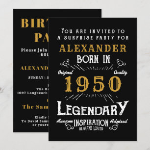 Personlig Birthday 1950Black Guld Retro Legend Inbjudningar