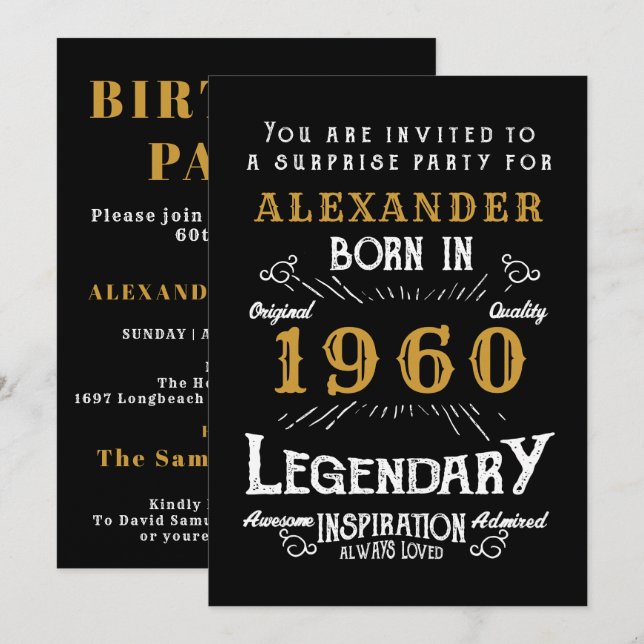 Personlig Birthday 1960 Black Guld Retro Chic Inbjudningar (Fram/baksida)