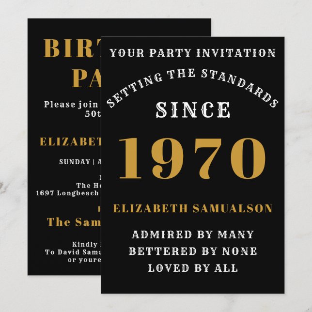 Personlig BIrthday 1970, lägg till ditt namn svart Inbjudningar (Fram/baksida)