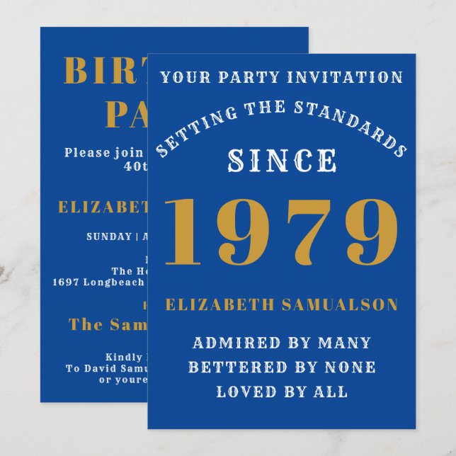 Personlig Birthday 1979 Easy Edit Blue Inbjudningar (Fram/baksida)