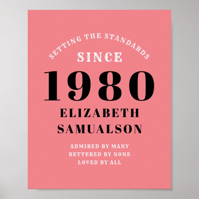 Personlig Birthday 1980 Rosa Setting Standards Poster (Framsidan)
