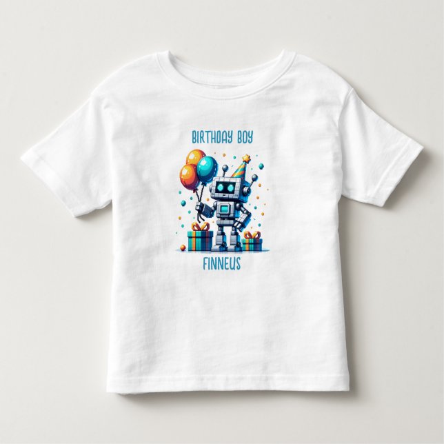 Personlig Birthday Boy Pixel Robot T Shirt (Framsida)