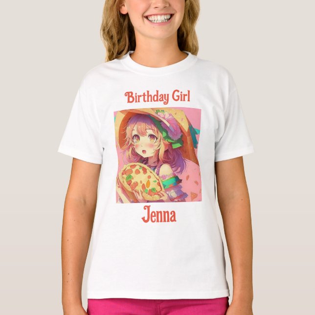 Personlig Birthday Girl | Anime Pizza Party T Shirt (Framsida)