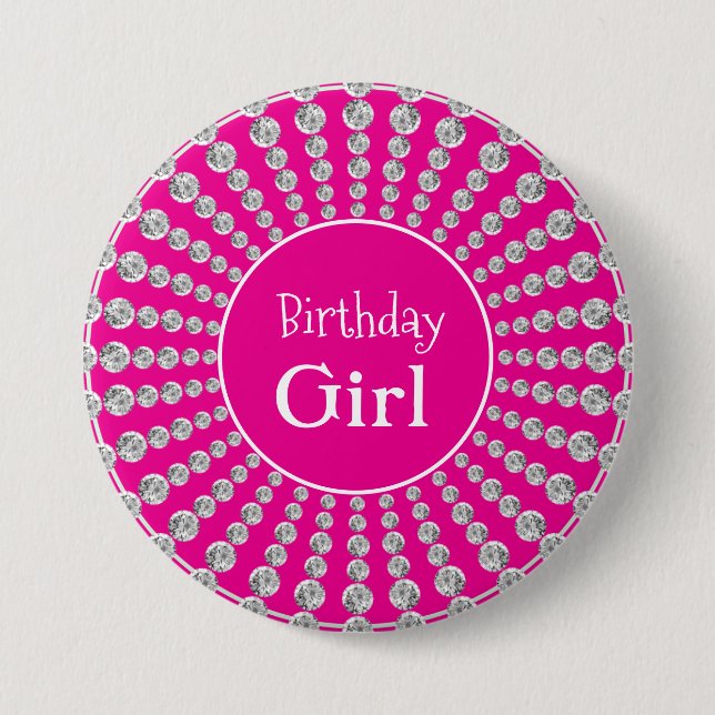 Personlig Birthday Girl Rosa med Bling Party Knapp (Framsida)