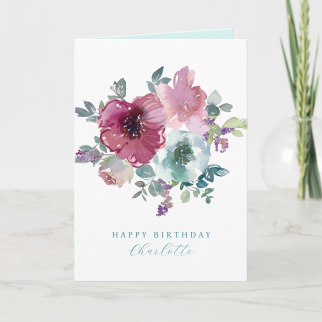 Personlig Birthday Teal & Plum Ro Bouquet Kort (Framsida)