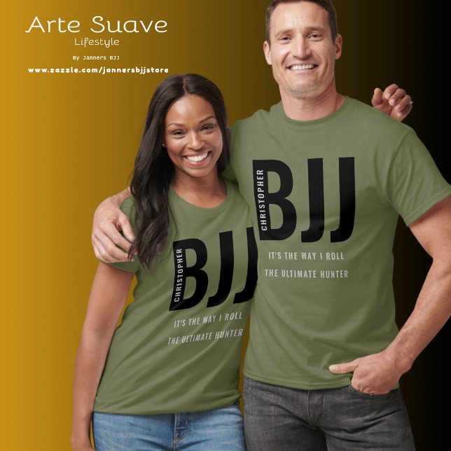 Personlig BJJ Brazilian Jiu Jitsu T Shirt (BJJ personalized green t-shirt modelled by male and female couple.)