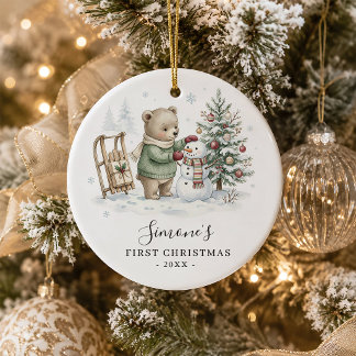 Personlig björn för babys första jul i skogsstämni julgransprydnad keramik