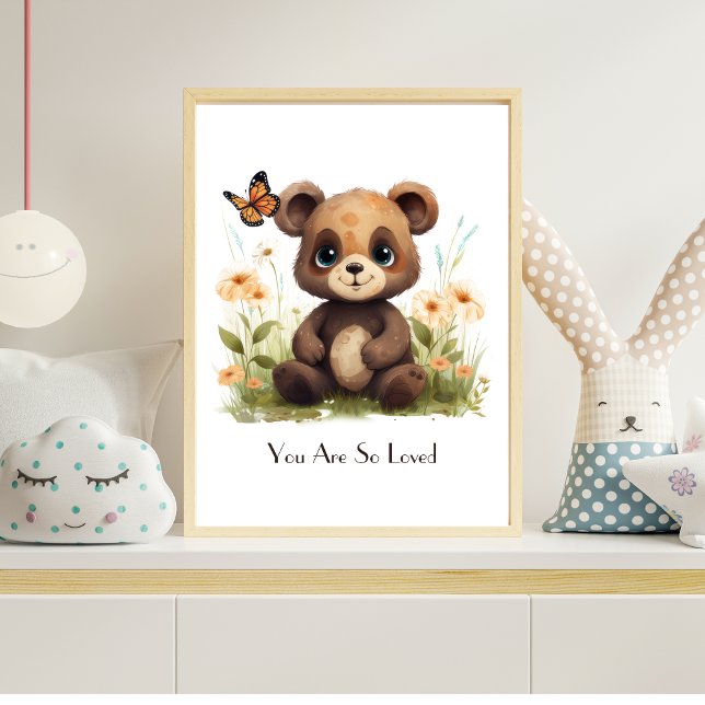 Personlig björnvattenfärg för barnkammare väggkons poster (Personalized Baby Bear with Butterflies and Flowers Nursery Wall Art Poster)