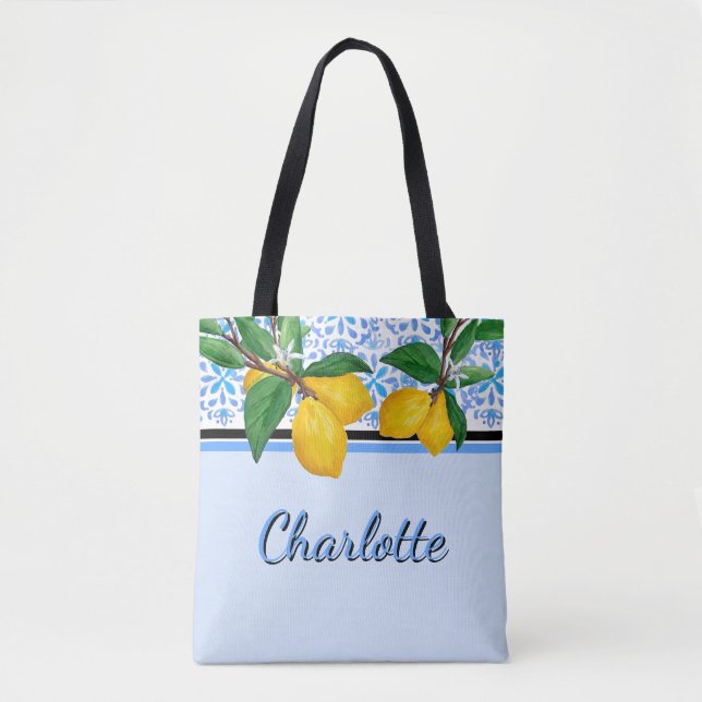 Personlig blå Amalfi-citronplattor-väska Tygkasse (Framsida)