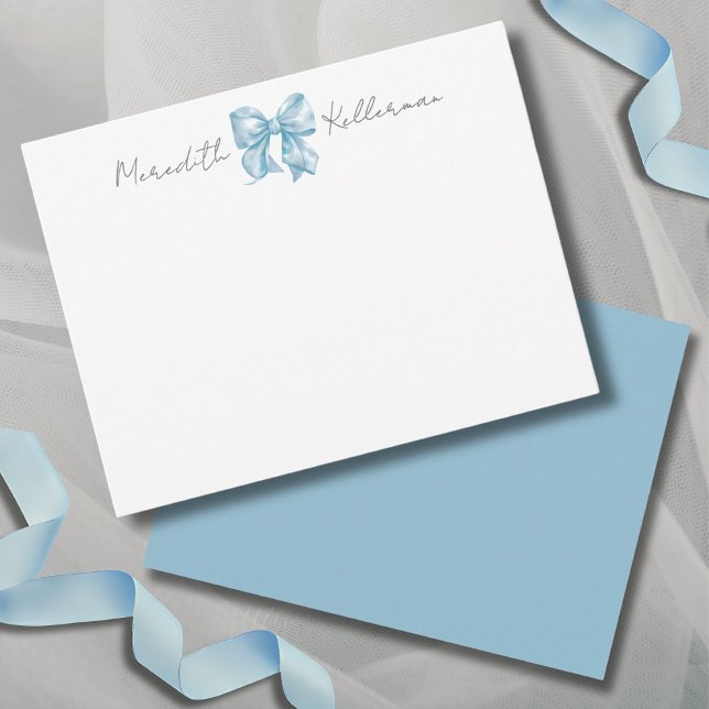 Personlig Blå Båge Namn Monogram Anteckningskort (Personalized Blue Bow Name Monogram Note Card )