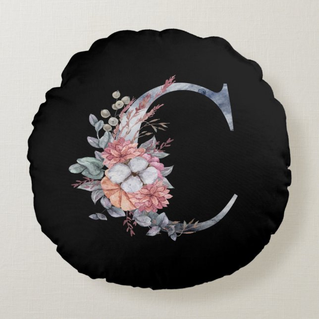 Personlig Blå Blommig Monogram C Rund Kudde (Framsidan)