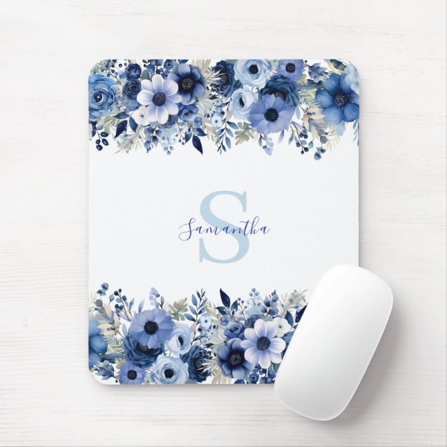 Personlig blå Blommigt Musmatta (Med mus)