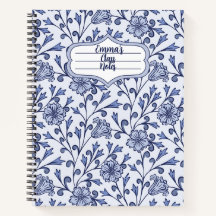 Personlig blå blomspiralskrivbok 8,5x11