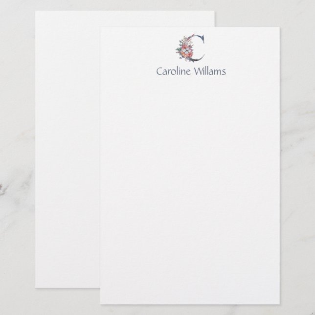 Personlig blå blomster monogram C  Brevpapper (Fram/baksida)