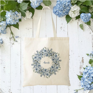 Personlig blå blomsterkrans med slinga tygkasse