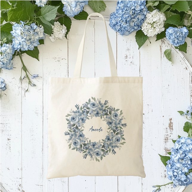 Personlig blå blomsterkrans med slinga  tygkasse (Blue floral wreath tote bag)