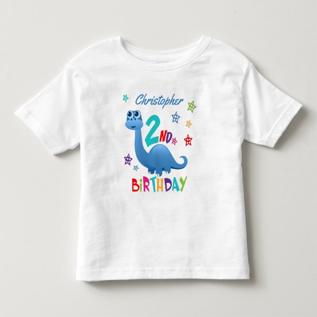 Personlig blå dinosaur 2-års födelsedag t shirt (Framsida)